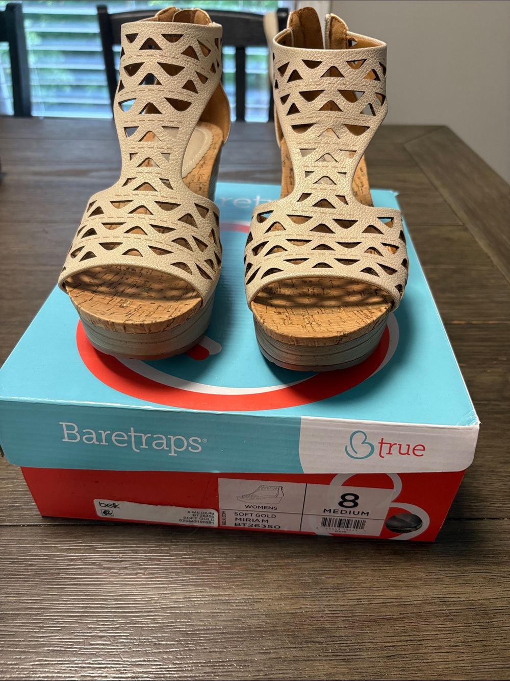 BareTraps Soft Gold Laser-Cut Wedge Sandals